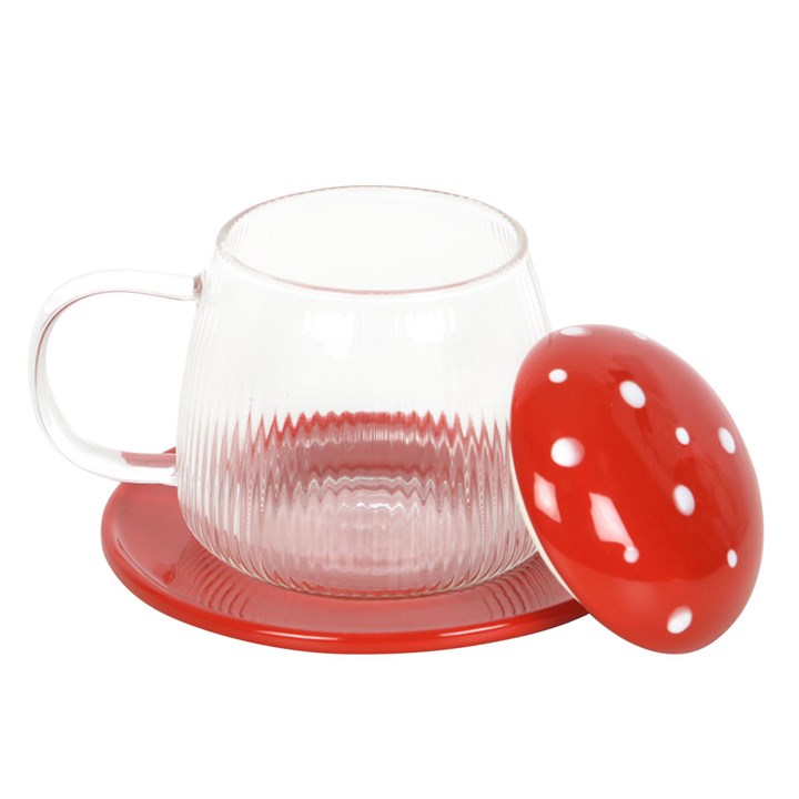 Toadstool Glass Mug & Saucer - Red