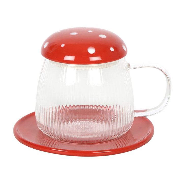 Toadstool Glass Mug & Saucer - Red