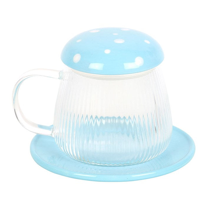 Toadstool Glass Mug & Saucer - Blue