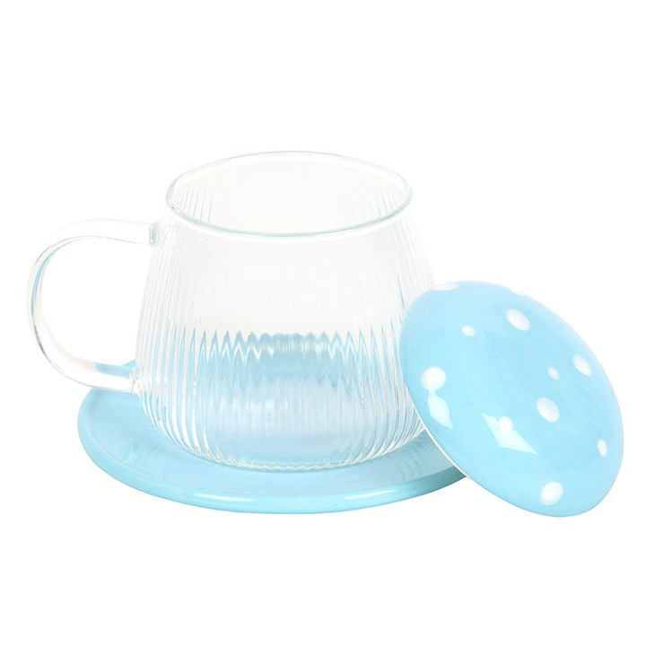 Toadstool Glass Mug & Saucer - Blue