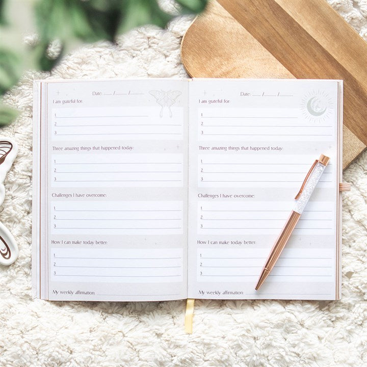 Luna Moth Daily Reflection Journal with Clear Quartz Crystal Pen (A5)