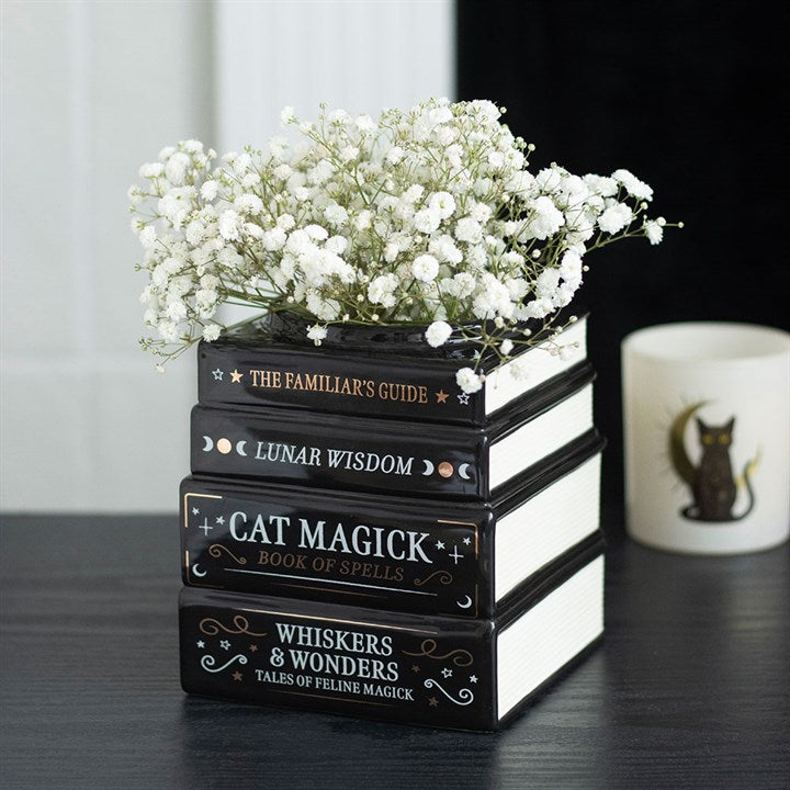 Black Cat Magick Stacked Books Flower Vase