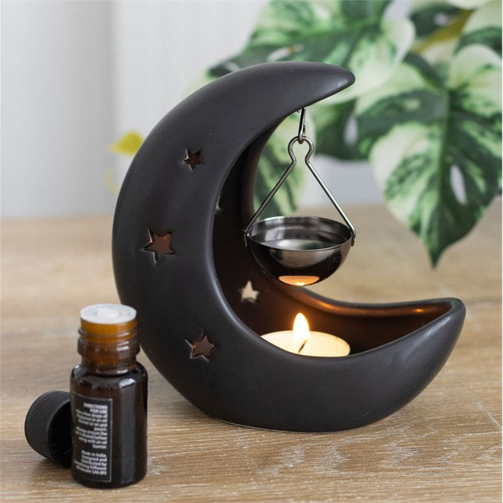 Crescent Moon With Gold Dish Oil Burner - Black