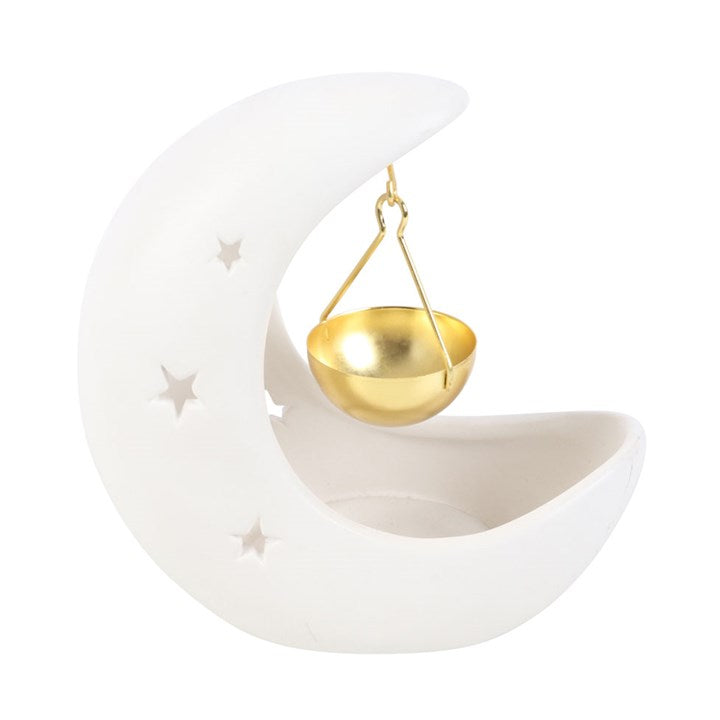 Crescent Moon With Gold Dish Oil Burner - White