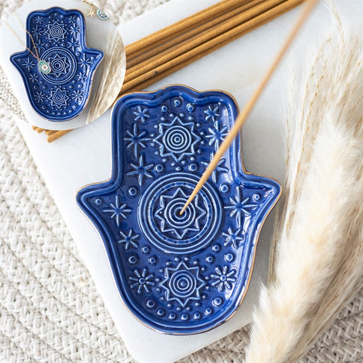 Hand of Hamsa Incense Stick Holder & Trinket Dish - Blue