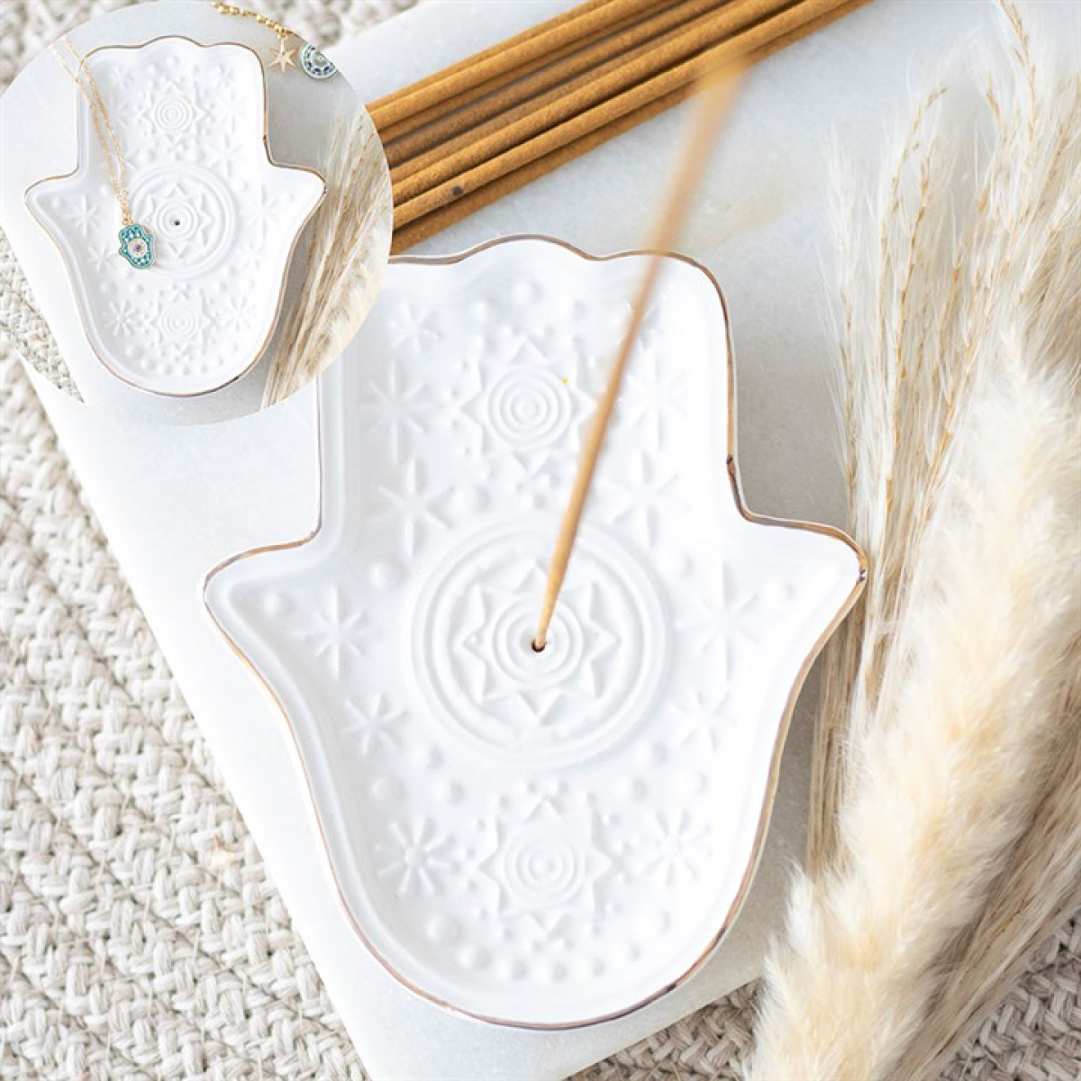 Hand of Hamsa Incense Stick Holder & Trinket Dish - White