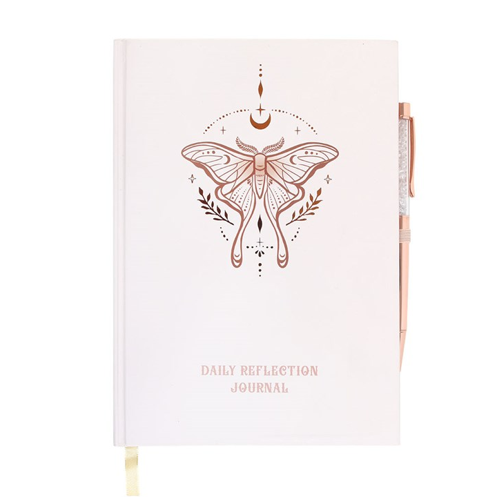 Luna Moth Daily Reflection Journal with Clear Quartz Crystal Pen (A5)