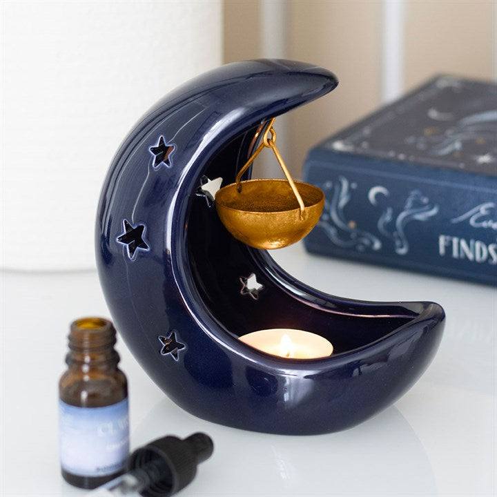 Crescent Moon With Gold Dish Oil Burner - Blue