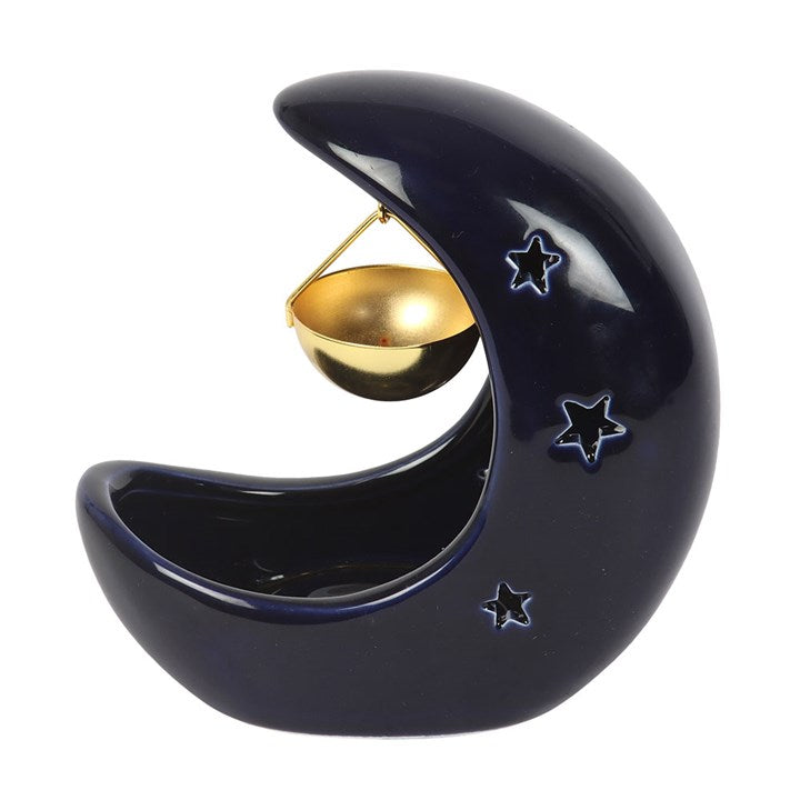 Crescent Moon With Gold Dish Oil Burner - Blue