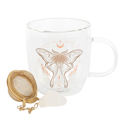 Double Walled Luna Moth Glass Mug With Crystal Tea Infuser