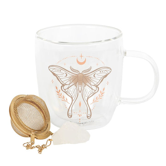 Double Walled Luna Moth Glass Mug With Crystal Tea Infuser
