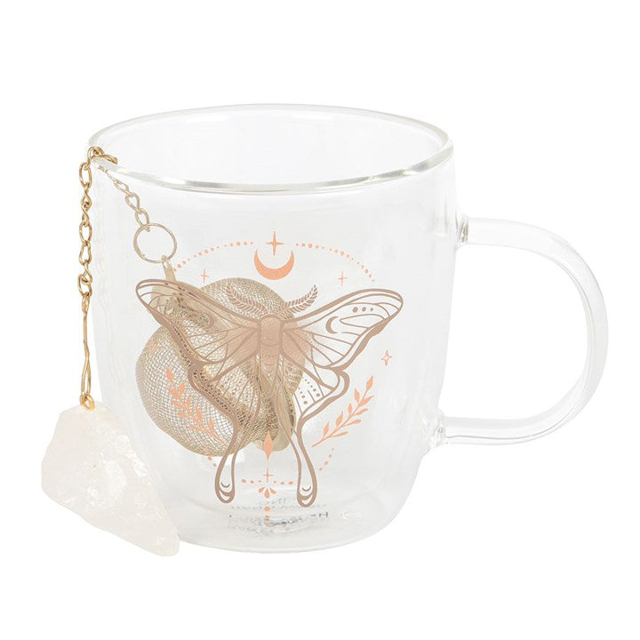 Double Walled Luna Moth Glass Mug With Crystal Tea Infuser