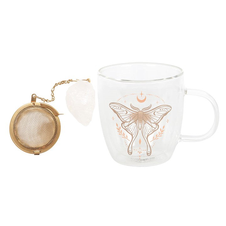 Double Walled Luna Moth Glass Mug With Crystal Tea Infuser