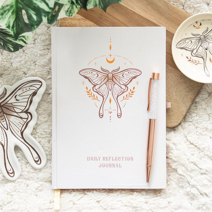 Luna Moth Daily Reflection Journal with Clear Quartz Crystal Pen (A5)