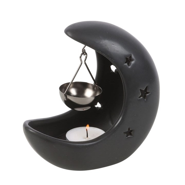 Crescent Moon With Gold Dish Oil Burner - Black