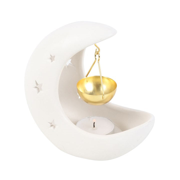 Crescent Moon With Gold Dish Oil Burner - White