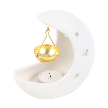 Crescent Moon With Gold Dish Oil Burner - White