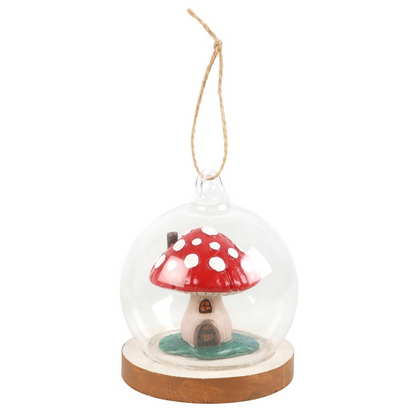 Toadstool House Glass Dome Hanging Decoration