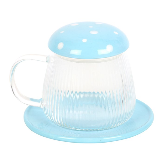 Glass Toadstool Mug & Saucer - Blue