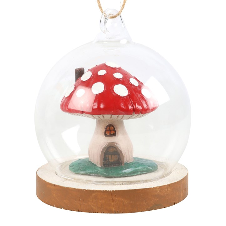 Toadstool House Glass Dome Hanging Decoration