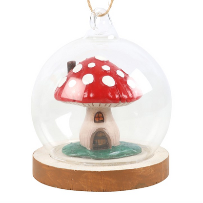Toadstool House Glass Dome Hanging Decoration